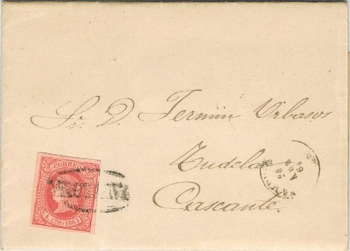 Carta circulada de Pamplona con fechador y marca Prefilatelica 28 Abril 1864