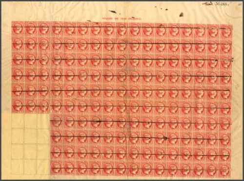1853. 6 cuartos carmín. Pliego completo de ciento setenta ejemplares,  inutilizado con un trazo de tinta), a excepción de una esquina 12 ej.. Inutilizado con la RAYA DE MUE.jpg