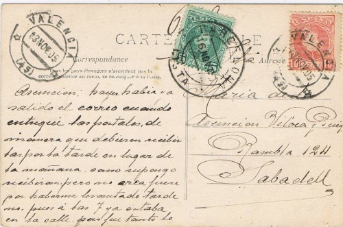 Postal de valencia a barcelona, franqueada con 10 cts del cadete. Creo que la tarifa correspondiente para postal era en esa epoca 10 cts. Le es añadido 5 cts mas en Barcelona, matasellos de LISTA<br />¿porque ese añadido en tránsito, si su destino era Sabadell?