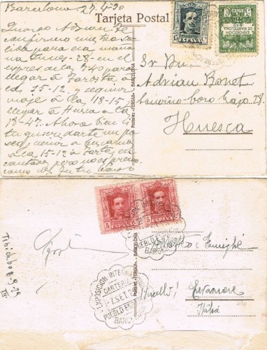 Dos postales con matasellos del Pueblo Español de la Exposicion.<br />Una con franqueo y sello recargo correspondiente.<br />La otra remitida desde TIBIDABO a Italia, no le hacia falta el sello recargo, pero no entiendo porque lleva solo 10 céntimos de franqueo (no le falta ninguno, no se aprecian raspaduras)