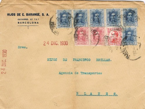 Carta franqueada con 2,75 pts de Barcelona a Blanes  el 24 de Diciembre de 1930