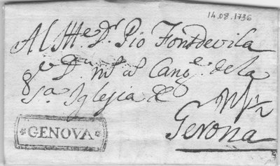 1736 Génova a Gerona (parece un 1 1/2 de porteo..) Esta es la primera que mostramos con porteo de Génova, luego unas si se portaban, y otras no. Las que no se porteaban, aparecen o con dos líneas paralelas, o con el texto &quot;Condal&quot;. Bueno, ya disponemos de algunas bases..