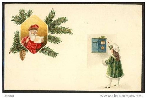 Weihnachtsmann, Kind am Briefkasten, Boite de lettre, ca. 1910.jpg