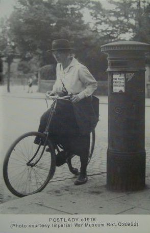 THE LETTER BOX STUDY GROUP POSTCARD, No 38. POSTLADY C1916 ON BICYCLE ok.jpg