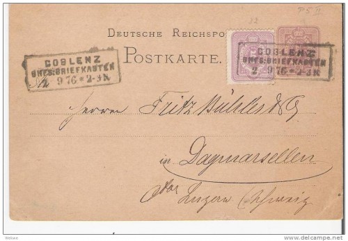Pfg228 Coblenz Bhfs.-Briefkasten mit P 5 II + Mi. 32, Schweiz RR.jpg