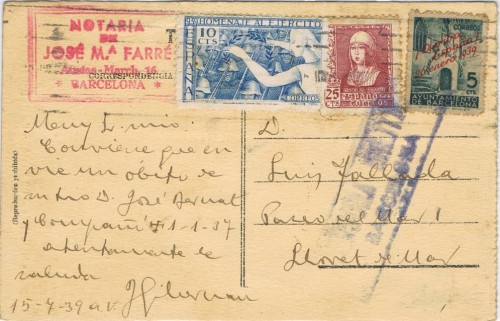 Postal Barcelona  a Lloret (gerona)