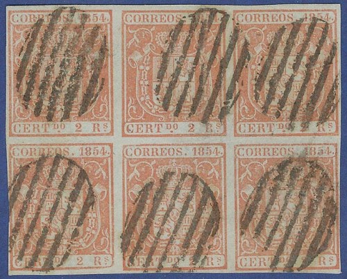 A wonderful block of 6 of 2 reales vermillon on thick bluish paper (Edifil No. 25pa just as single stamps Euro 4.800++). Each stamp with a clear superb canc. Cert. Enzo Diena. SUPERB EXHIBITION ITEM..jpg