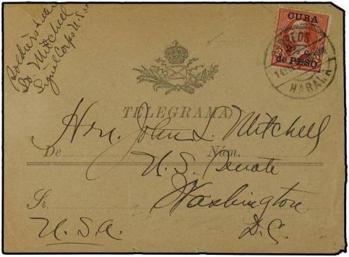 CUBA. 1899 (Feb 14). Telegram envelope endorsed ´Soldier´s Letter´ at upper left franked by 1899 2½c. de peso on USA 2c. red tied by neat ´Correos-Habana´ cds in black. Washington arrival Ok.jpg