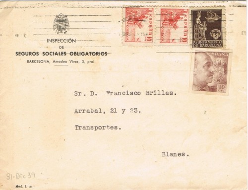 Carta con pro tuberculosos Caudillo del 31 de Diciembre de 1939