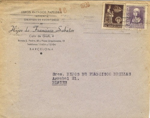 Sello de La Merced dentado 16 del 16 Septiembre 1939 (fechador de llegada al dorso)
