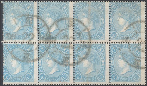 Aº75(8). 1865. 4 cuartos azul, bloque de ocho. Matasello R.CARRETA Nº22, de Cáceres.jpg
