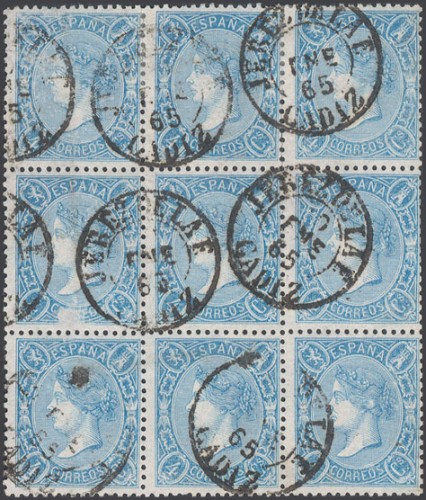 Aº75(9). 1865. 4 cuartos azul, bloque de nueve. Matasello JEREZ DE LA F. CADIZ (Tipo I)..jpg