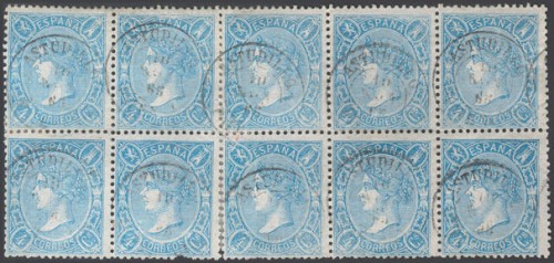 Aº75(10). 1865. 4 cuartos azul, bloque de diez (un sello pequeño defecto). Matasello ASTUDILLO PALENCIA.jpg