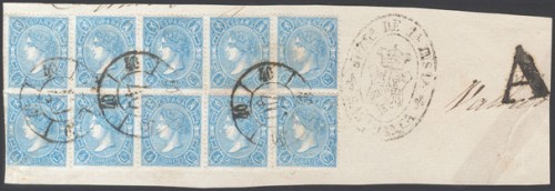 Aº75(10). 1865. 4 cuartos azul, bloque de diez, sobre fragmento (un sello margen corto). Matasello R.CARRETA Nº40, modificada, de Salamanca, en el frente A de Abono y marca judicial..jpg