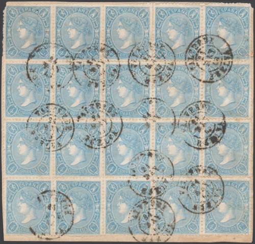 Aº75(20). 1865. 4 cuartos azul, bloque de veinte, sobre fragmento. Matasello VALVERDE HUELVA..jpg