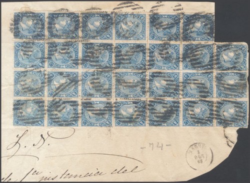 Aº75(27). 1865. 4 cuartos azul, bloque de veintisiete, sobre fragmento de Plica Judicial. Matasello PARRILLA SIN CIFRA..jpg