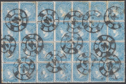 Aº75(28). 1865. 4 cuartos azul, bloque de veintiocho. Matasello R.CARRETA Nº14, de Valladolid..jpg