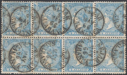 Aº81(8). 1866. 4 cuartos azul, bloque de ocho. Matasello BEJAR  SALAMANCA (Tipo I)..jpg
