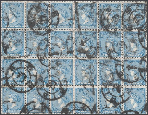 Aº81(24). 1866. 4 cuartos azul, bloque de veinticuatro. Matasello R.CARRETA Nº29, de Huesca..jpg