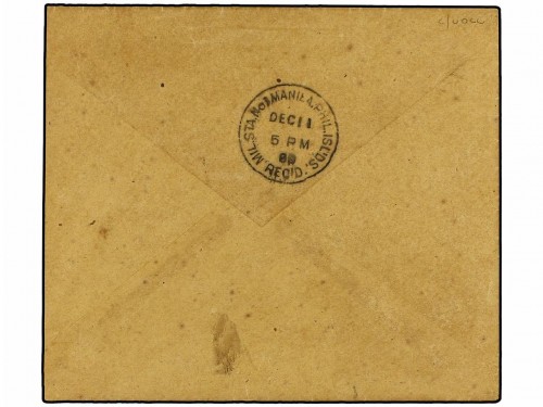 A. MARIANAS. Ed.1, 5. 1899. MARIANAS a MANILA. 2 ctvos. verde y 8 ctvos. castaño. Mat. ovalado GOBIERNO P.M. MARIANAS. Al dorso fechador de llegada de la MIL. STA. Nº1 de Manila. Cert. COMEX. Rev.jpg