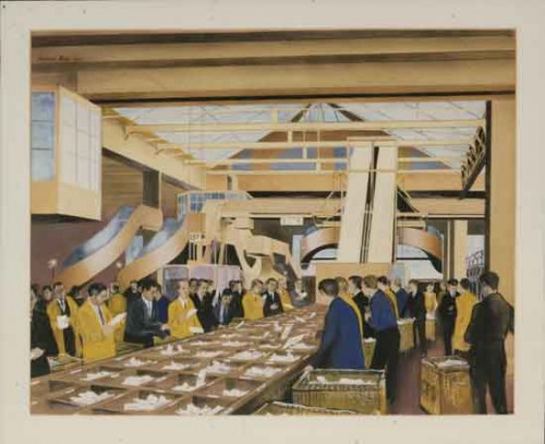 Artwork for a poster by Michael Ross, Sorting machine at Mount Pleasant, 1937.jpg