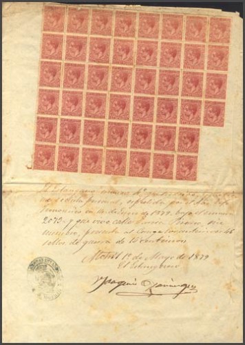 1877. 15 cts carmín, bloque de cincuenta y tres, sobre DOCUMENTO DE CANJE fechado el 1 de Mayo de 1879 en MOTRIL.jpg