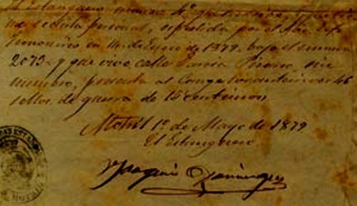1877. 15 cts carmín, bloque de cincuenta y tres, sobre DOCUMENTO DE CANJE fechado el 1 de Mayo de 1879 en MOTRIL det.jpg