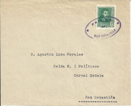 marca Prisión de san sebastián, aplicada para cancelar sello en correo sin matasellar o montaje