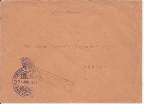 carta con franquicia prisión provincial de san Sebastián 1937, marca exenta de censura