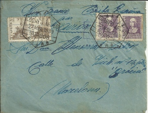 carta aérea del campo de san Pedro de Cardeña, marca de censura del Campo y mataselloa correo aéreo de Burgos