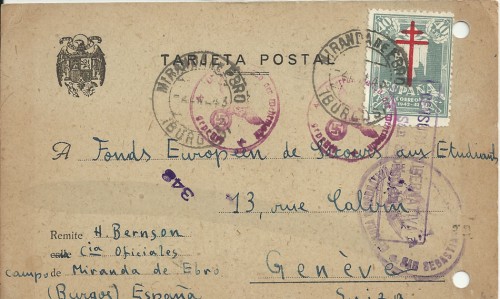 tarjeta de Miranda a Suiza, marcas de censura gubernativa de San Sebastián, también marcas de censura alemanas y trazas de marcas de censura quimica en anverso y reverso