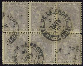 1879. 25 cts gris, bloque de seis. Matasello trébol JEREZ DE LA FRONT.  (CADIZ)..jpg
