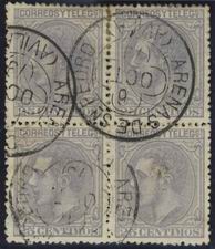 1879. 25 cts gris, bloque de cuatro. Matasello trébol ARENAS DE SAN PEDRO  (AVILA)..jpg