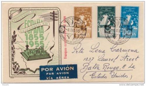 Espana-1955-Correo-aereo-Primer-Dia-de-Madrid-USA-del-Centenario-Telegrafo
