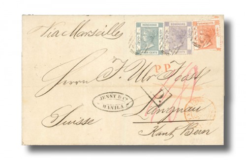 Philippines, 1869 (22 Oct.) entire from Manila to Langnau, Switzerland (12.12) &quot;Via Marseilles&quot; (11.12) bearing Hong Kong 4c., 6c. and 30c. tied &quot;B62&quot; with matching &quot;Hong Kong/C&quot; c.d.s. (30.10) on reverse, showing &quot;Jenny &amp; Co./Manila&quot; sender's oval h.s. on front and French and Swiss transit c.d.s. on reverse, rated &quot;1/8&quot;, 30c. damaged at foot and tiny marginal scuff on 4c., a fine and very scarce tri-colour franking to an uncommon destination with fresh, colourful stamps.