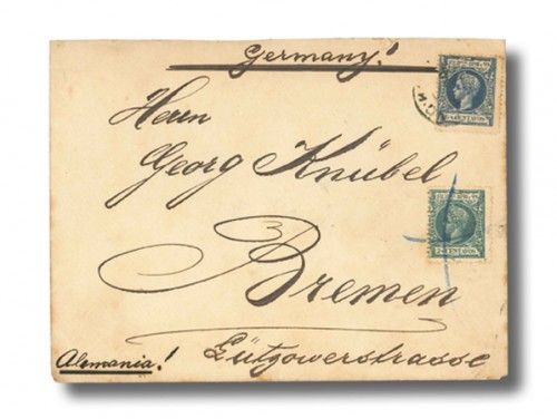 Philippines, 1898 (May) envelope (&quot;El Oriente Fabrica de Tabacos/Manila&quot; imprint on flap) from Manila to Bremen, Germany (6.7) via Hong Kong (30.5) bearing 1898 King Alfonso XIII 6c. tied by &quot;Hong Kong&quot; c.d.s. and 2c. manuscript tied, with Bremen arrival c.d.s. on reverse, fractionally reduced at top, fine and rare usage showing cancellation of Philippines stamps at Hong Kong during the May to August 1898 period following the defeat of the Spanish fleet at Manila Bay by the U.S. Navy until the entrance of U.S. forces into Manila and the closing of the Spanish Post