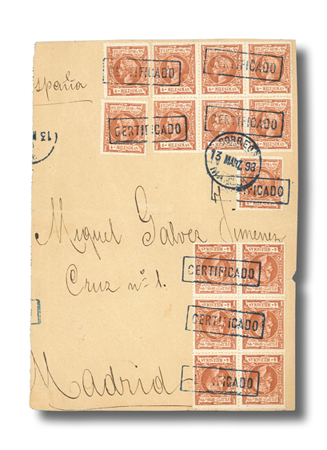 Philippines, 1898 (13 Mar.) portion of registered circular outer cover from Manila to Madrid, bearing 1898 King Alfonso XIII 4m. orange-brown (15) cancelled by &quot;Certificado&quot; framed h.s. in dark blue, with matching &quot;Correos/Manila&quot; c.d.s. also in dark blue tying three of the adhesives, fine (central horizontal envelope fold away from adhesives), the only known 1898 registered circular to Spain and the largest known usage of the 1898 4 milisimas issue, 8 milisimas double weight circular rate plus 50 milisimas registration (overpaid by 2 milisimas). Scott 195.