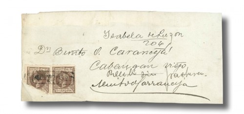 Philippines, 1898 registered wrapper front from Isabela to Cabangan Viejo endorsed &quot;Isabela de Luzon/204&quot; bearing 1898 King Alfonso XIII 3c. dark brown (2, one damaged) cancelled by &quot;Certificado&quot; framed h.s., fine, rare, the only registered newspaper wrapper known from the 1898 Spanish period, 1 centavo domestic newspaper single rate plus