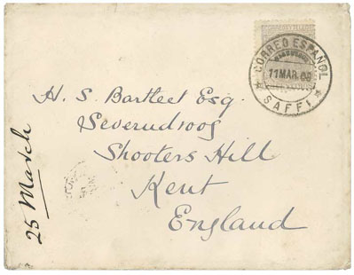 1888. Fechador &quot;Correo Español-Saffi&quot; dirigido a Kent