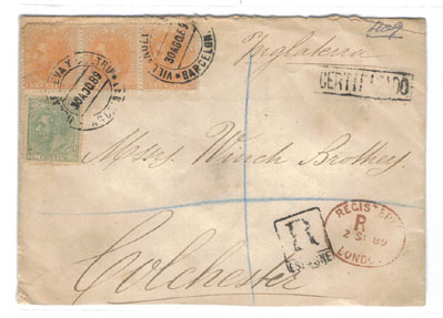 1889. Vilanova i Geltrú a Colchester. Certificado