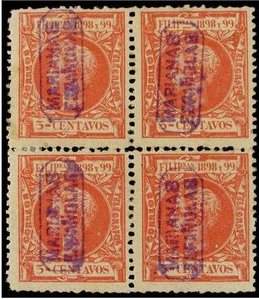 MARIANAS. Ed.3-4. 5 ctvos. rosa. Bloque de cuatro, goma ligeramente tonalizada. Muy bien centrado. MUY RARO. Ex. DR. SCOTT. Cert. COMEX..jpg