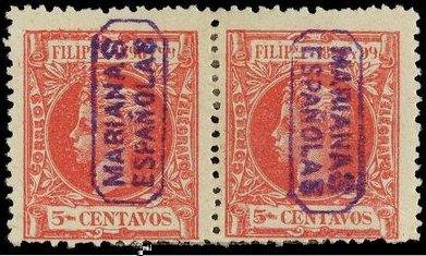 MARIANAS. Ed.3. 5 ctvos. rosa. Pareja horizontal, un sello posición INVERTIDA. Pieza excepcional y no reseñada. Cert. COMEX..jpg