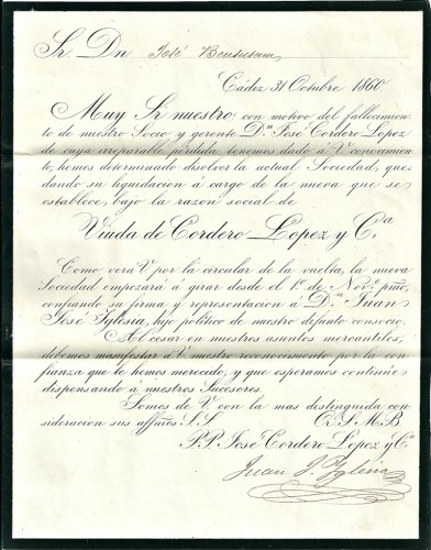 1860.Carta comercial de luto de la VIUDA DE JOSÉ CORDERO LÓPEZ