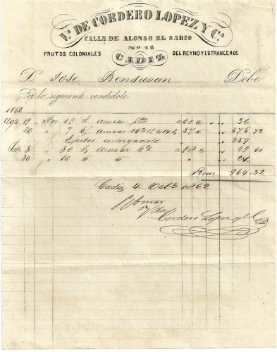 1862.FACTURA CON EL MEMBRETE VIUDA DE CORDERO LÓPEZ &amp; CIA