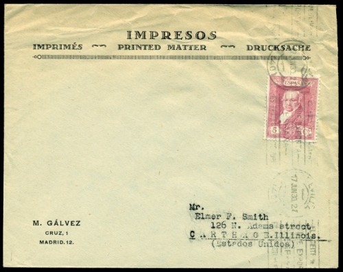 z1930 (17 JUN). SEVILLA-ILLINOIS. Sobre de impresos matº rodillo EL ACEITE DE OLIVA QUE EXPORTA ESPAÑA ES PERFECTAMENTE PURO..jpg