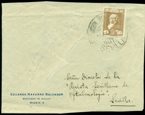 z1930. SEVILLA INTERIOR. Franqueo de impresos (frontal), matº fecha especial GOYA..jpg
