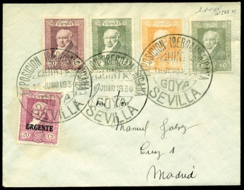 z1930. SEVILLA-MADRID. 1, 2, 20 cts. urgente y 2 cts. oliva ERROR DE COLOR. Raros en carta circulada. Matº especial GOYA de fecha..jpg