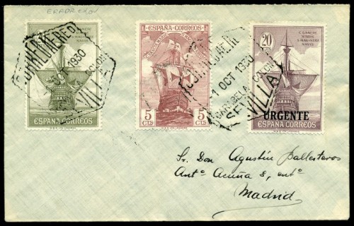 z1930 (1 OCT). Rara tarifa correcta URGENTE con ERROR DE COLOR 20 CTS. en uso comercial, mat especial en negro. Rarisimos estos usos. Al dorso, transito AMB. SEVILLA ALCAZAR 3 CERTIFICADO y llegada..jpg