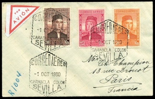 z1930 (1 OCT). SEVILLA-PARIS. Carta certificada mat especial  en negro. Muy raro..jpg