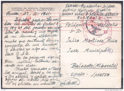 POSTAL - División Azul - FELDPOST Nº 24945-B, CIRCULADO A BALAZOTE